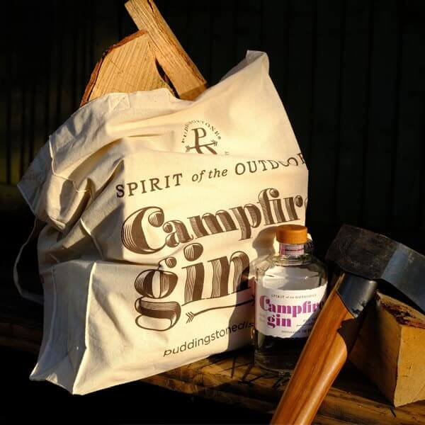 Puddingstone Distillery Campfire Gin Tote Bag with wood