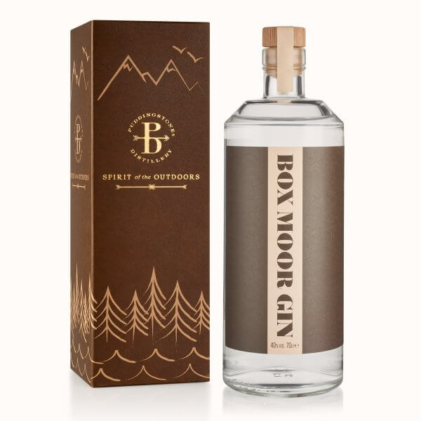 Box Moor Gin brown label in gift box
